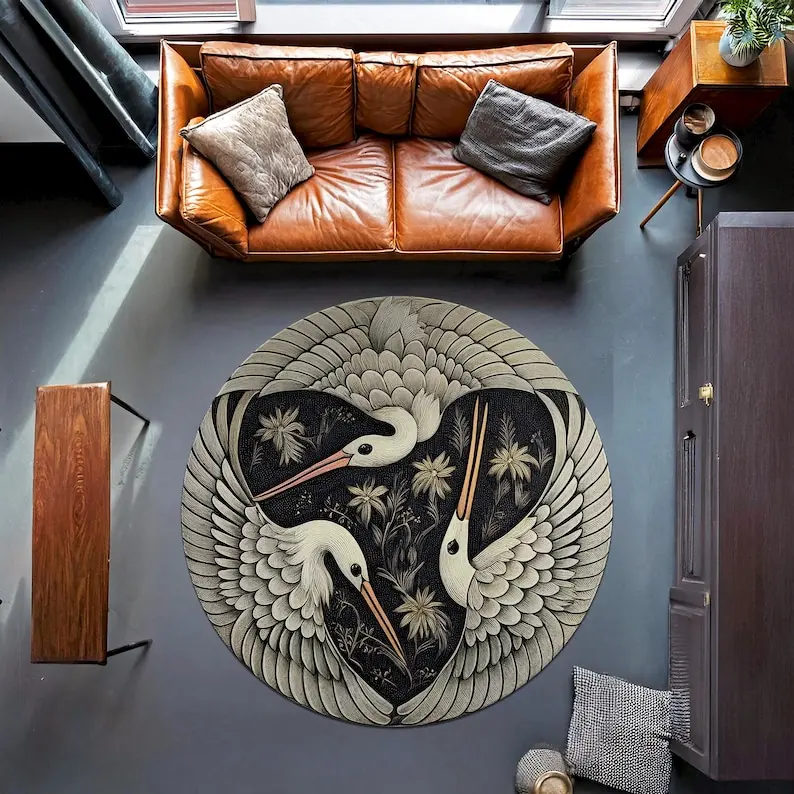 

Круглый ковер с белым лоскутным журавлем и птицей, японский художественный коврик с животными для гостиной, крутой декоративный ковер с дизайном в стиле природы, подарок
