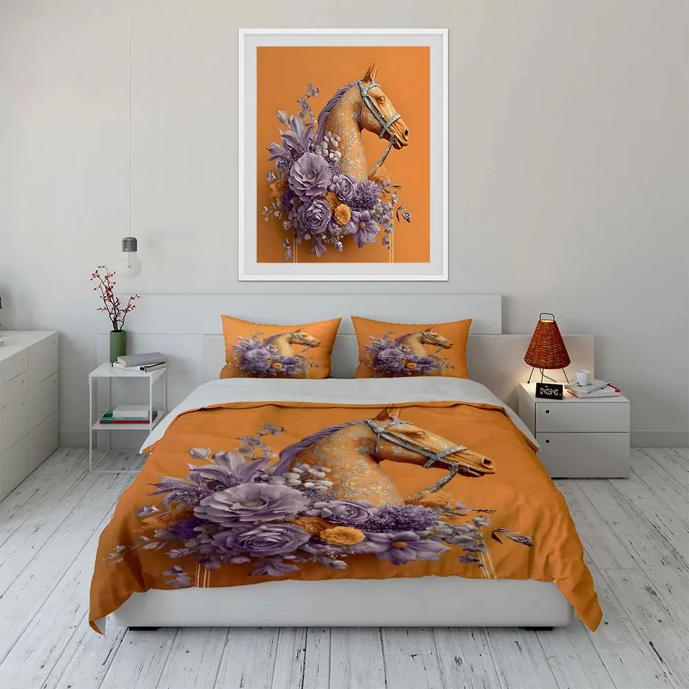 Orange horse sculpture with purple flowers Pattern Duvet Cover Set Digital Print Colorful Polyester Bedding with Zipper Closur