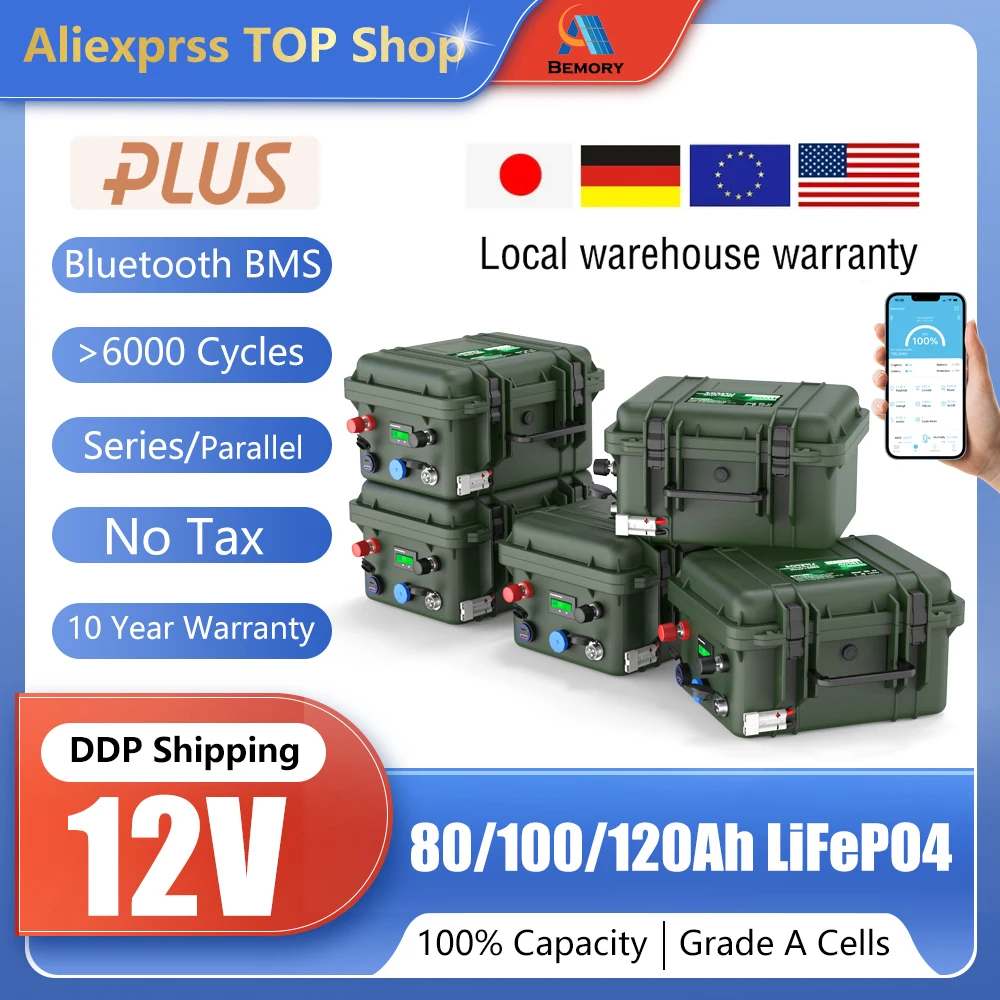 

Bluetooth LiFePO4 12V 100Ah Battery 12.8V 120Ah 80Ah 6000+Cycles Waterproof IP65 USB 3.0 Grade A Cell For RV Fishing Boat No Tax