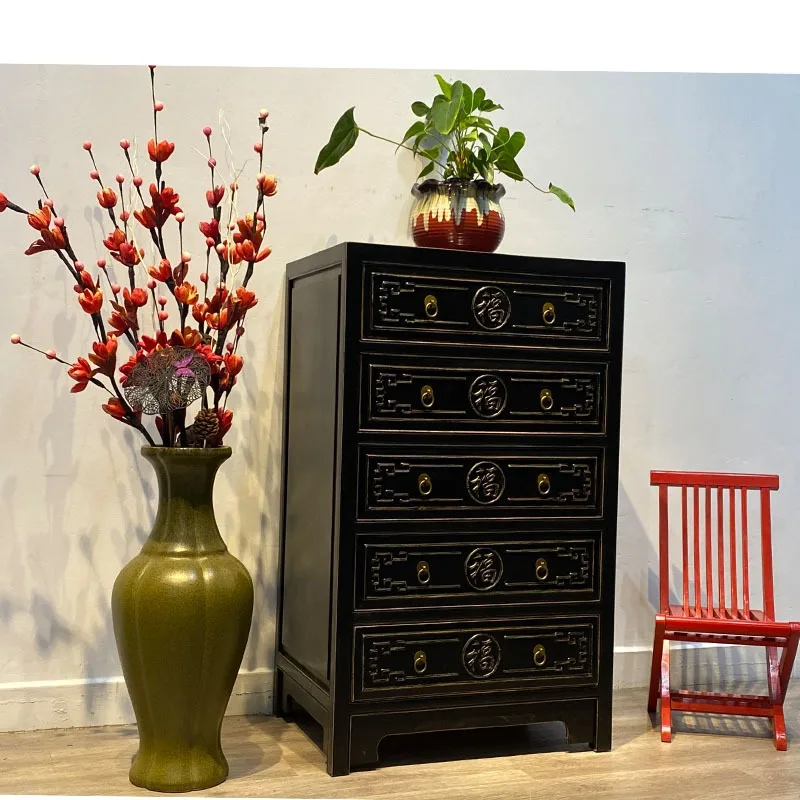 Chinese solid wood chest retro storage locker decorative cabinet bedroom decoration elm chest carving new