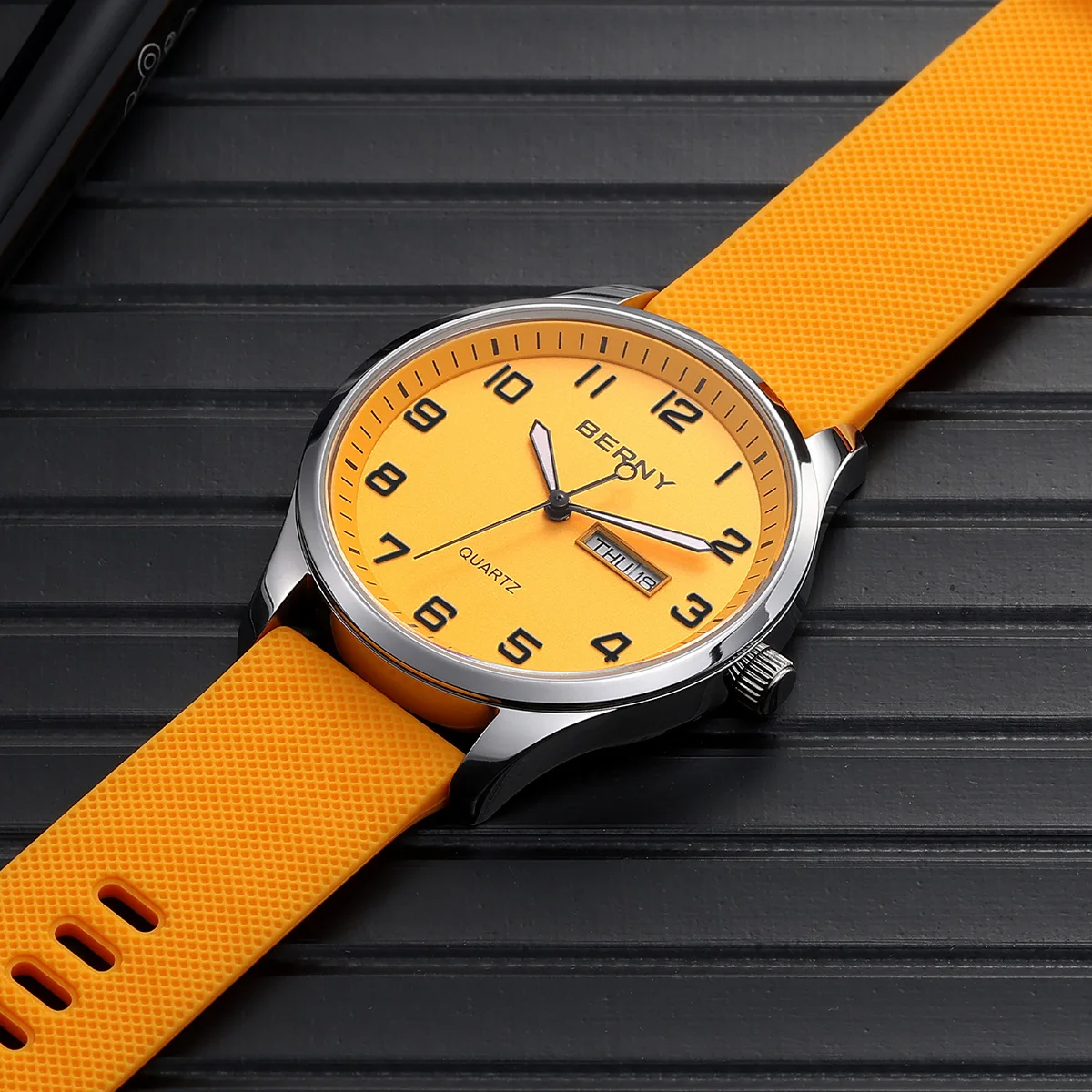 BERNY Men\'s Watches Luminous Calendar Week Quartz Men Watch Casual Soft Silicone Strap Easy Read Big Dial Sports Wristwatch