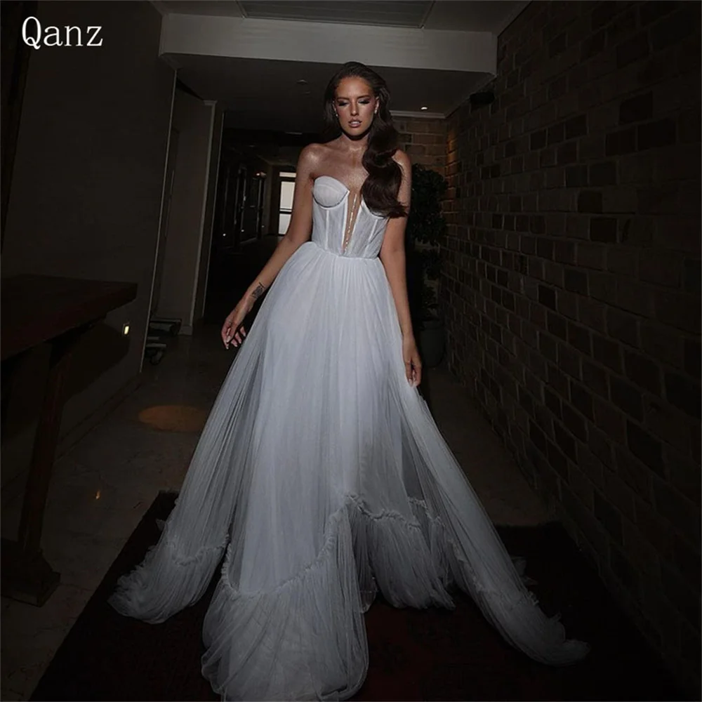 Qanz Boho Wedding Dress Tulle Strapless Long A Line Flowy Bride Dresses Floor Length Corset Back Vestidos De Novia Estilo 2024