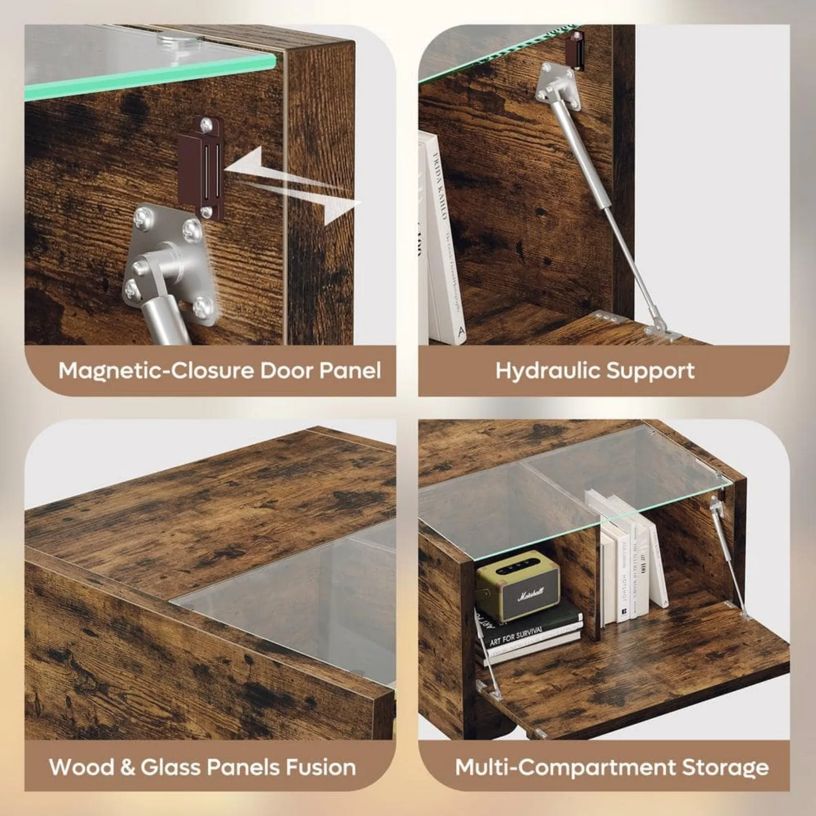 Nós 31.5 polegadas rústico quadrado madeira mesa de café, 2 armários de armazenamento, luz LED, marrom