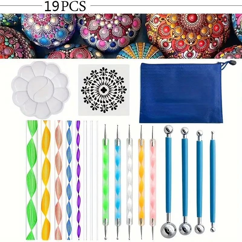 

19pcs Mandala Dotting Tool With Storage Bag Stencils Ball Styluses & Paint Tray For Rock Painting Coloring Drawing & Drafting