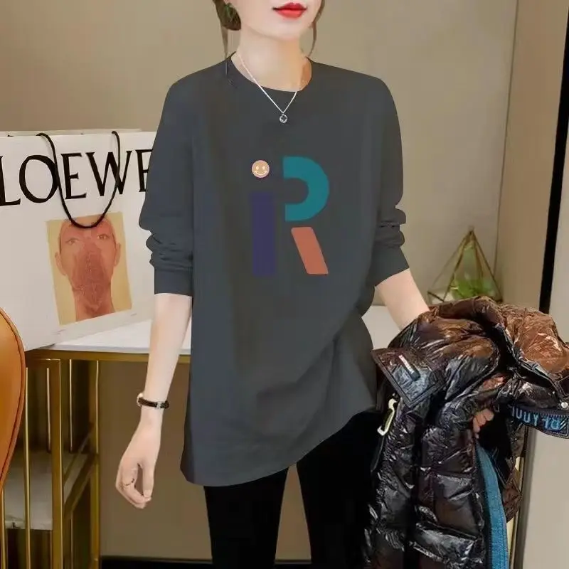 Autumn Chic Letter R Print T-shirt Women Clothing Casual Loose Pure Cotton Long Sleeve Top Tee Office Lady Oversize Top 35-100Kg