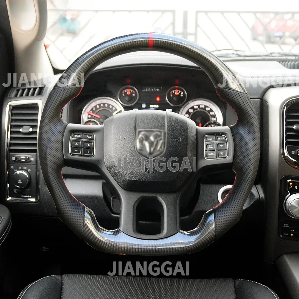 

Руль из настоящего карбона D-образной формы с плоским дном, красной строчкой и центральной линией, подходит для Dodge RAM 1500 2500 3500 2012-2018