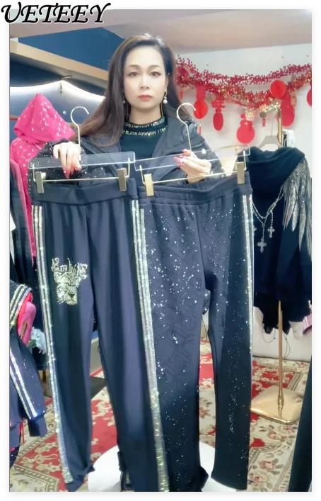 

Autumn New Fleece-Lined Thickened Warm Leggings for Women Rhinestone Cartoon Black High-Waisted Slimming Sports Casual Pants