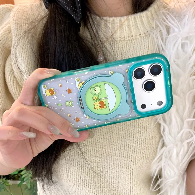 

Kawaii Rainy Day Cute Bear Phone Case For iPhone 17 Pro 16 15 Pro Max Back Cover with Rotation Magnetic Stand Cartoon Cases Fund