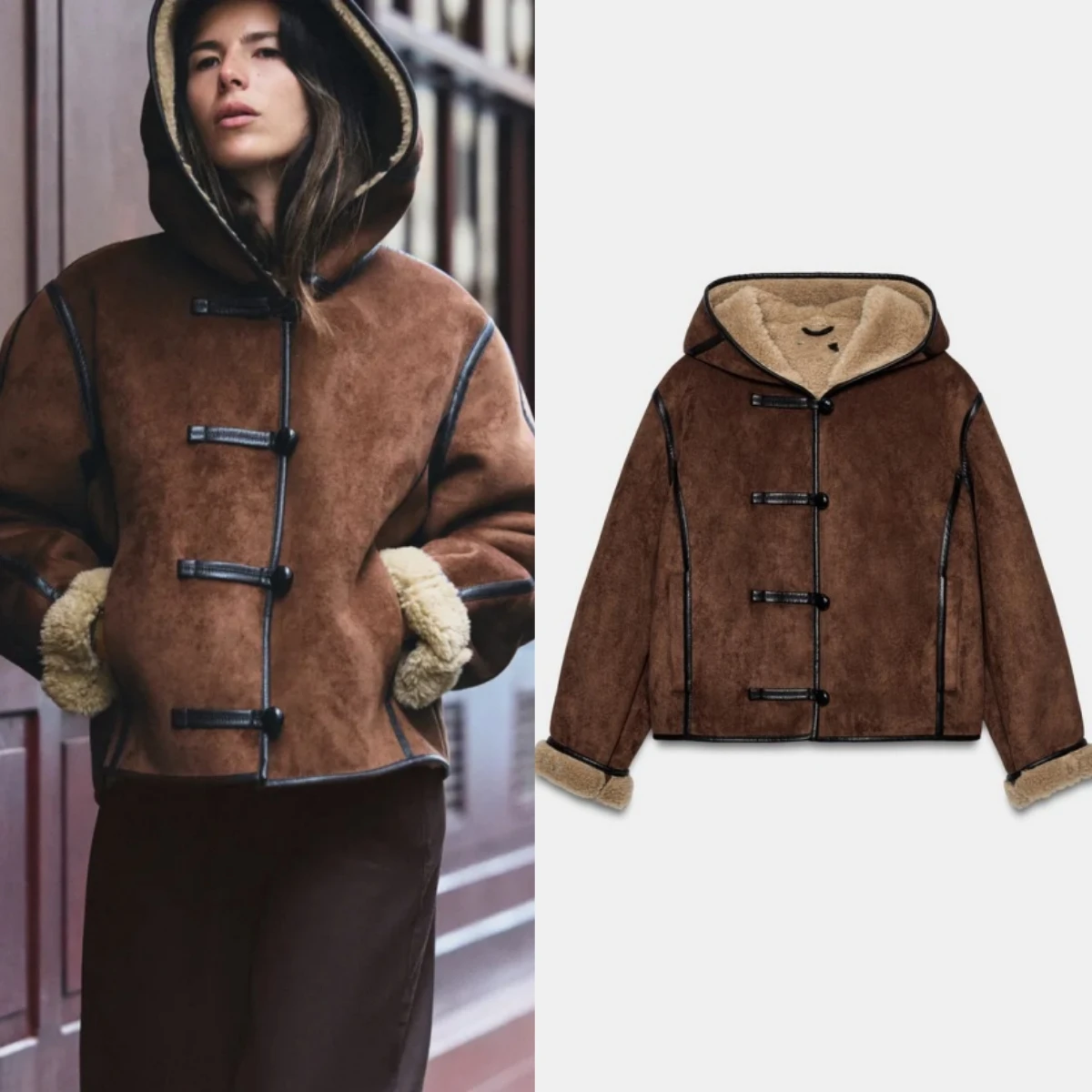 Casual Double-Sided Wear Lamb Fur Jacket Coat Hooded Poly Fiber Women's Loose Fit Long Sleeve Button Closure Autumn New Arrival