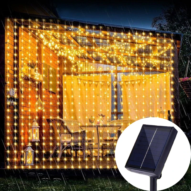 

Outdoor Patio Xmas LED Solar Curtain String Lights,8 Modes Solar Powered Fairy Lights for Fence Window Gazebo Wedding Decoration