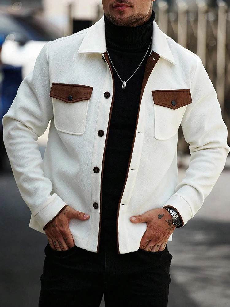 Streetwear Vintage Mens Woolen Coat Jacket Fashion Patchwork Multi Pocket Cargo Jackets Fall Casual Button-up Lapel Outerwear