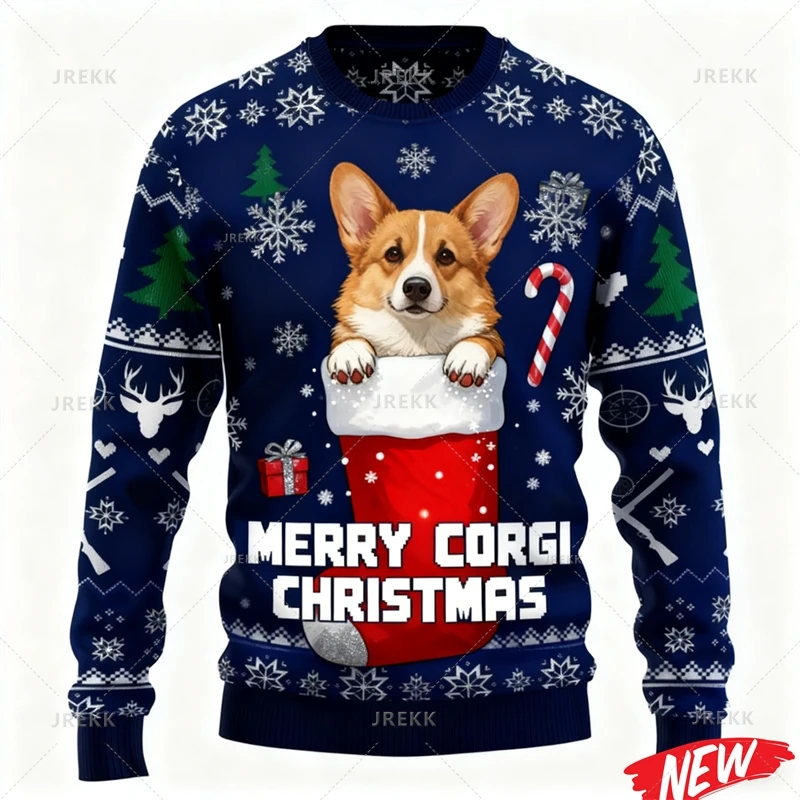 Animal Corgi Graphic Ugly Christmas Sweater Men Cartoon 3d Printed Pets Dog Crewneck Hoodie New Year Long Sleeve Xmas Sweatshirt