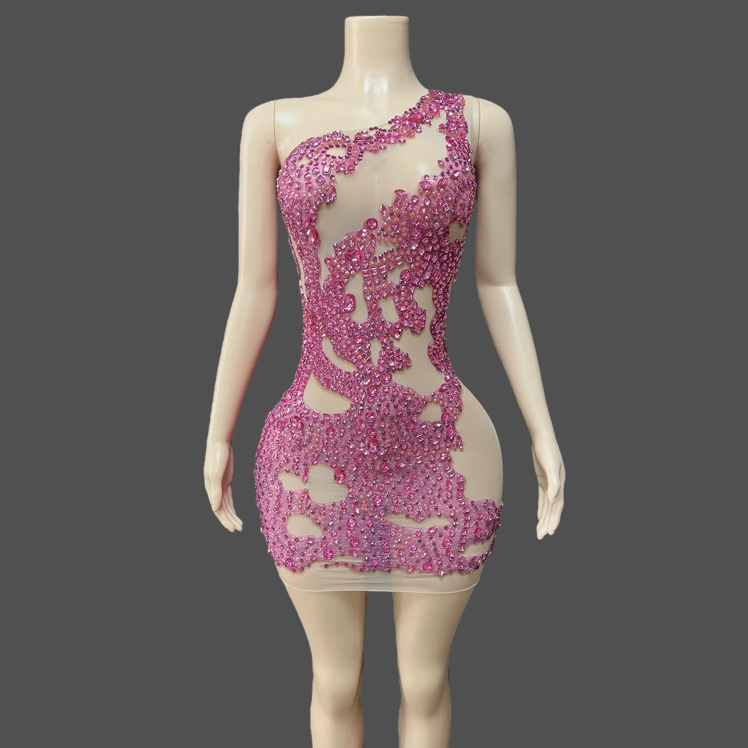 

Женское платье для особых случаев, прозрачное мини-платье на одно плечо с розовыми стразами, облегающее, для вечеринок и клубов