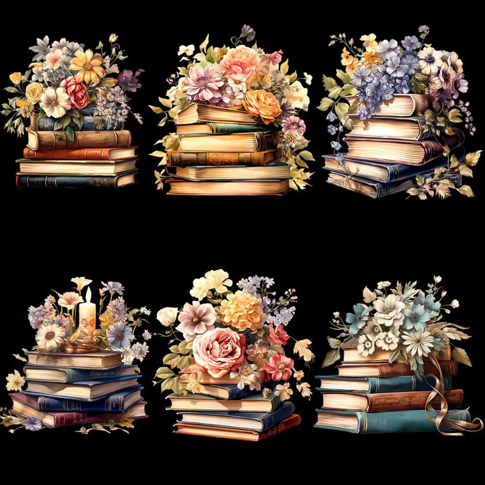 Beautiful Floral Books Iron-on Transfer For Clothing DIY Washable T-shirts Thermal Stickers Books Pile Clipart Patches Appliqued