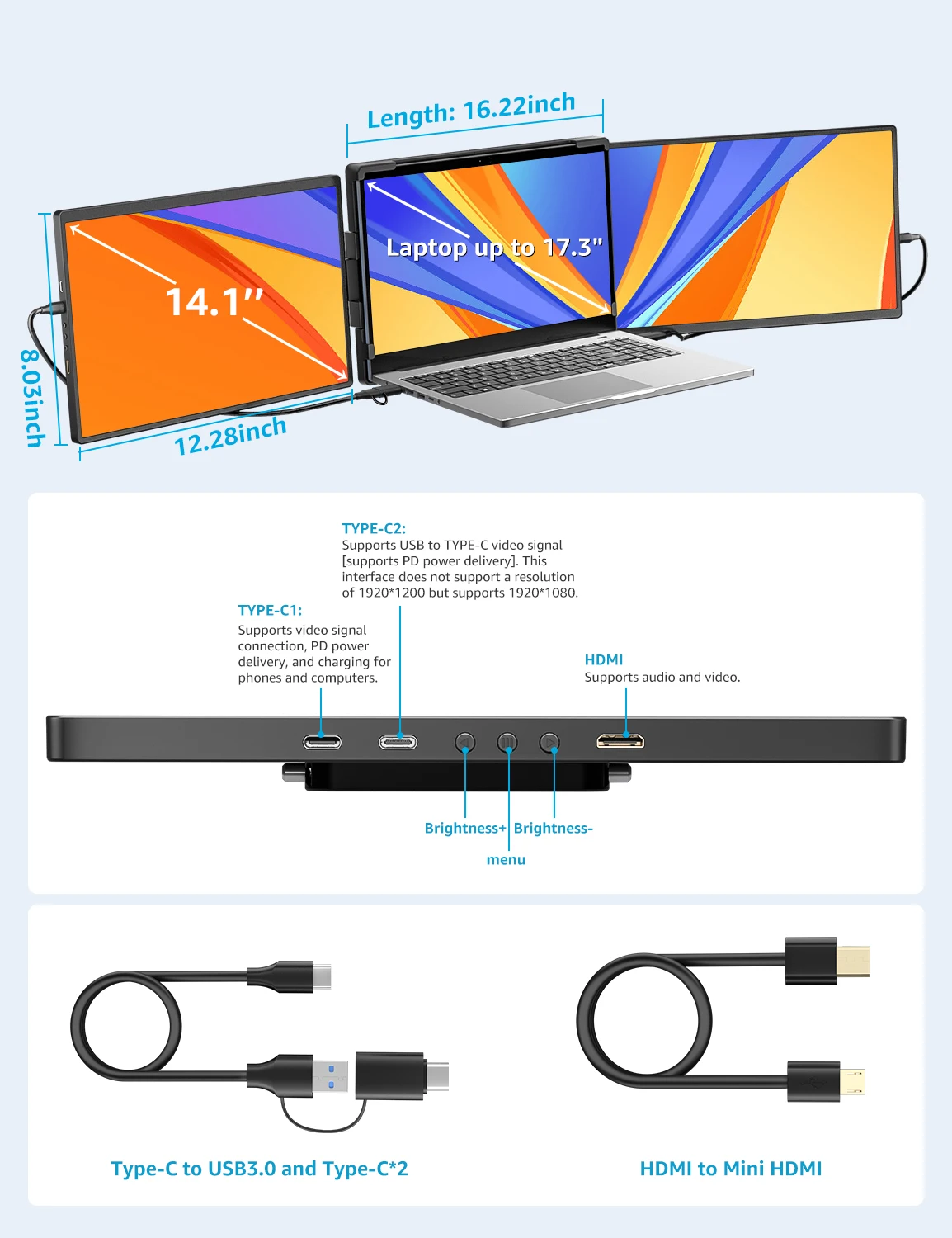 Extensor de tela portátil para laptop de 14,1 polegadas 1200P USB-A/Tipo-C triplo para laptop com display Full HD IPS