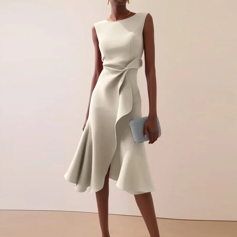 Summer Sleeveless Knot Ruffle Irregular Dress Woman Sexy Crew Neck Solid Commute Dress Spring Slim A-Line Party Dresses Vestidos
