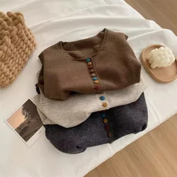 Rainbow Buckle Round Neck Knitted Vest Women Autumn Winter Layered Sleeveless Cardigan Sweater Vest