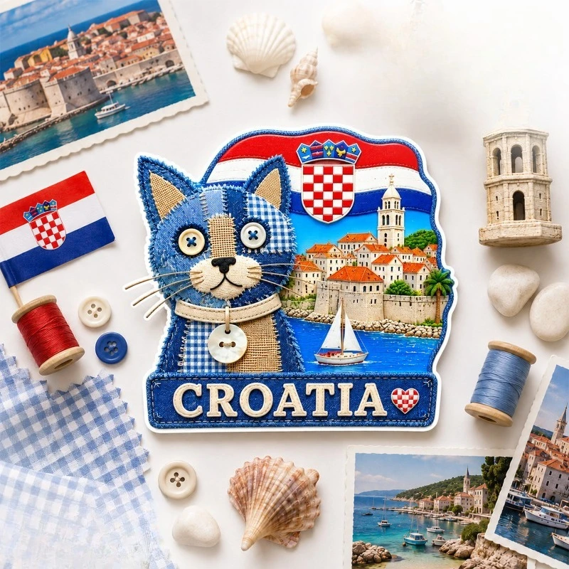 Croatia Denim Cat Fridge Magnet - Crafty 3D Textile Souvenir Unique European Gift for Travel & Eclectic Home Decor
