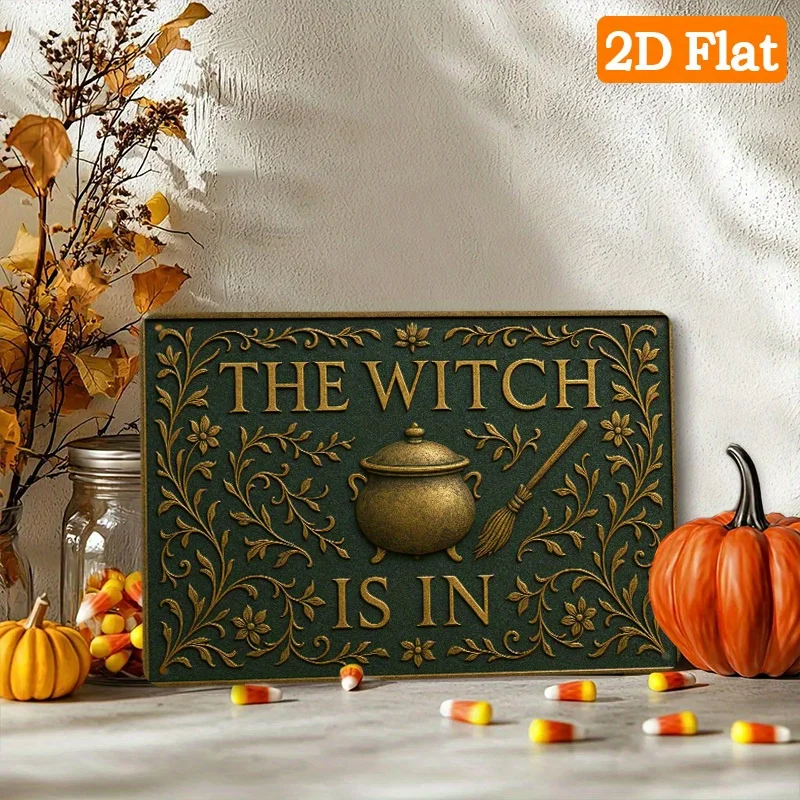 

The Witch is In Cauldron Metal Sign - Halloween Wall Decor with Witch Hat, Cauldron & Pumpkin - Gothic Home Decoration - Durab