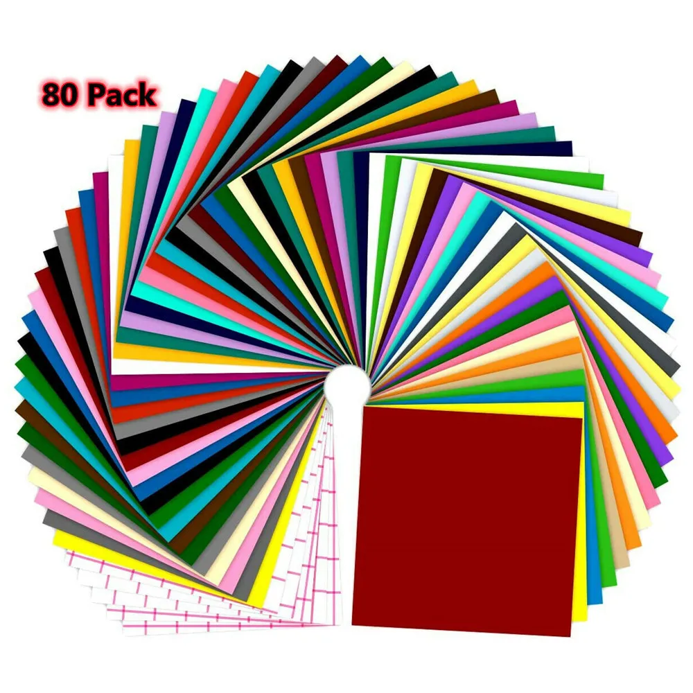 HTVRONT 80pcs Multi Colors 12X12inch Permanent Self Adhesive Vinyl Sheets+Transfer Tape for Craft DIY Glass Cup Decor