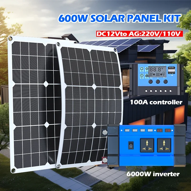 6000W 태양광 인버터 키트 – 600W 태양광 패널 및 MPPT 컨트롤러 포함, 가정 전체 백업 또는 전원 공급을 위한 110V/220V 출력
