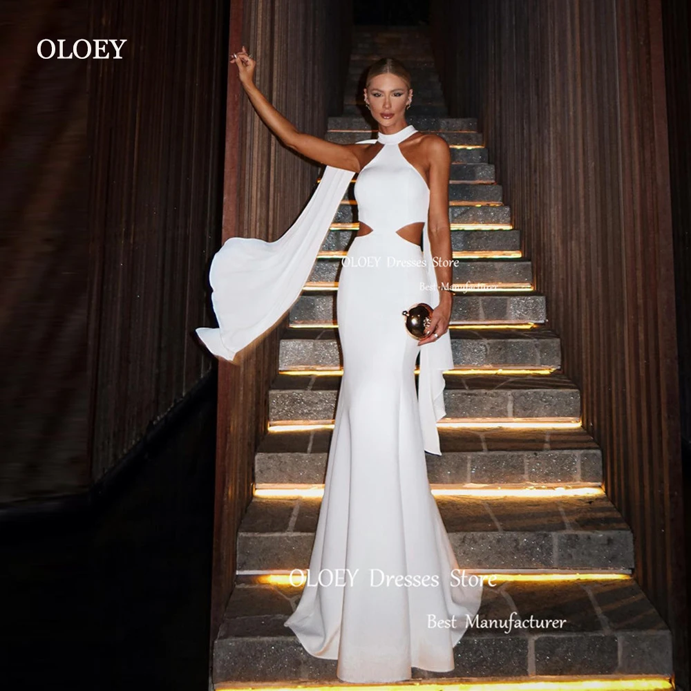 

OLOEY Simple Sexy White Mermaid Evening Dresses Women Beach Party Dress High Neck Stretch Satin Cut-Out Waist Prom Gowns