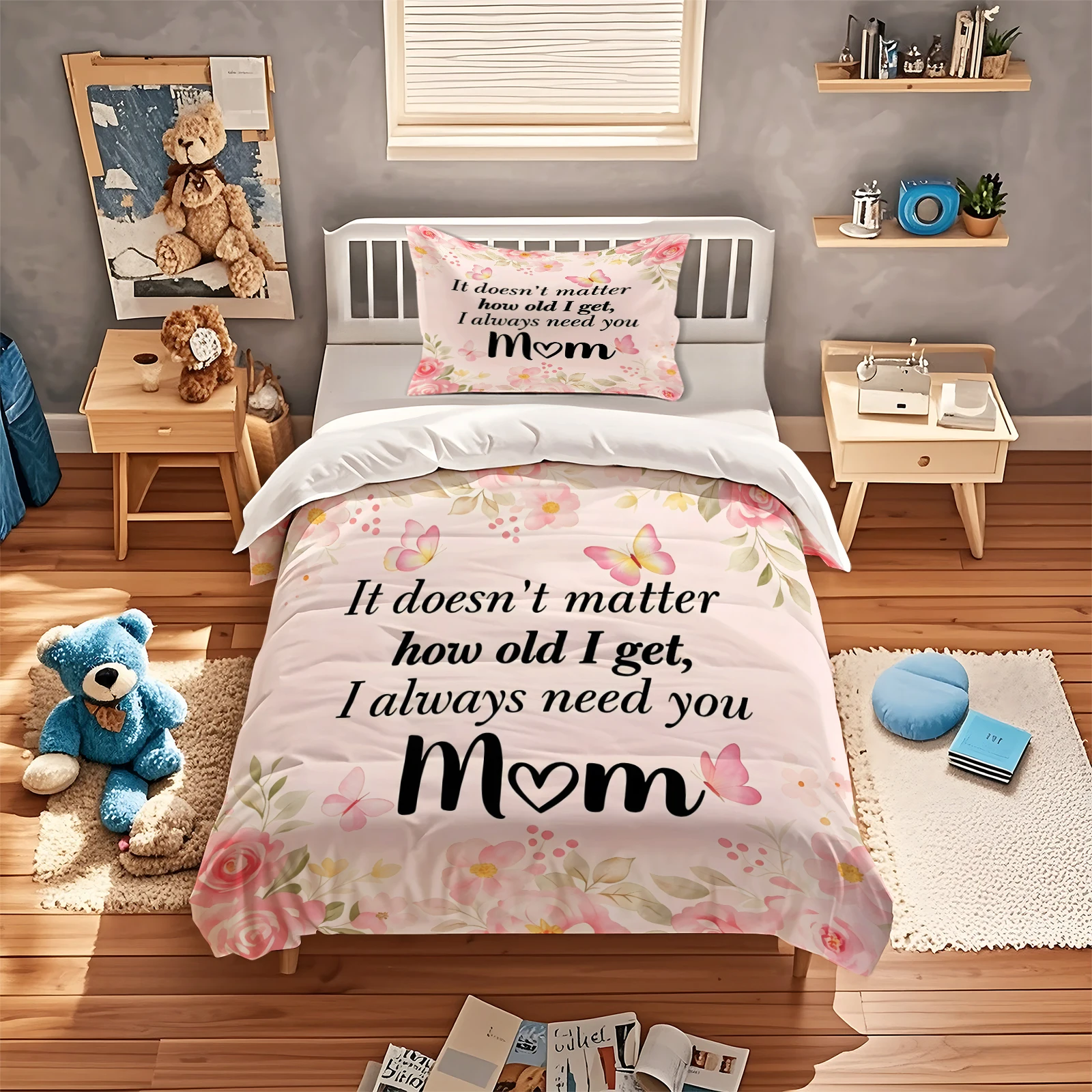 Mother’s Day Gift Duvet Cover Set Pink Flower Butterfly Inspirational Quote Bedding Set Polyester Quilt Cover With Pillowcases