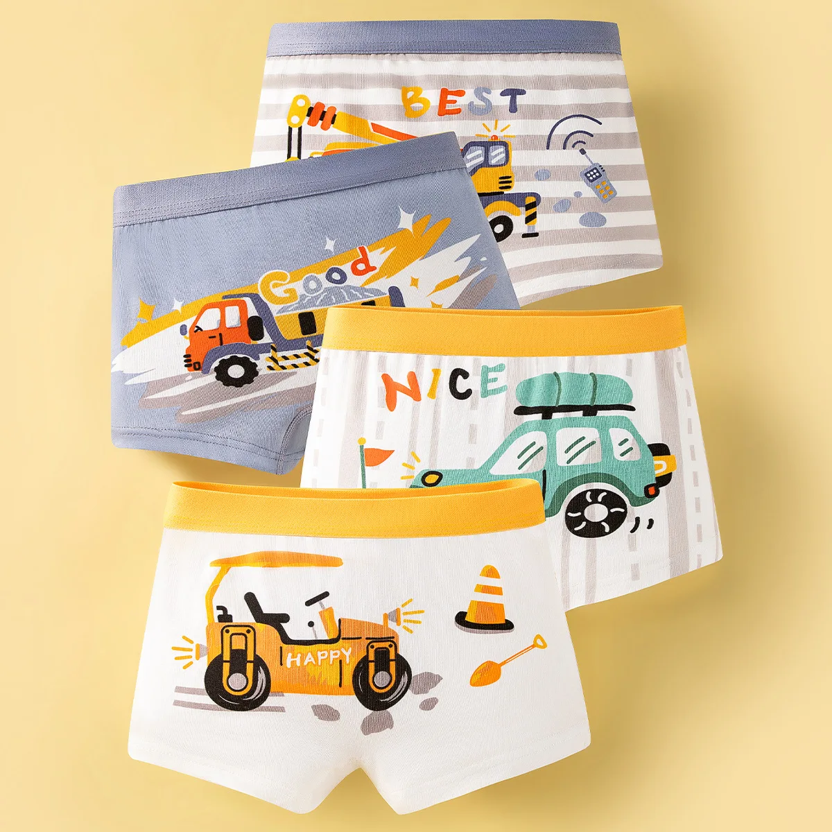 New Toddler Shorts Fashion Cotton Underwear for Kids Boys Cartoon Car Print Underpants 4pcs/pack Children Yellow Striped Boxers