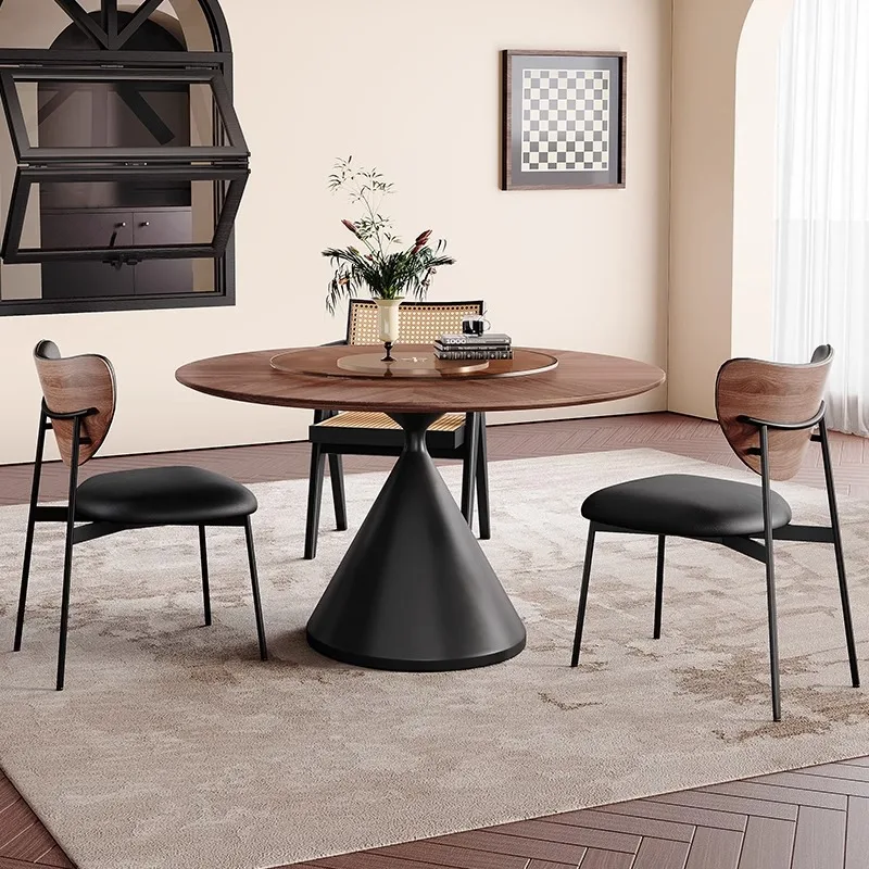Solid wood round dining table household cream light retro family American