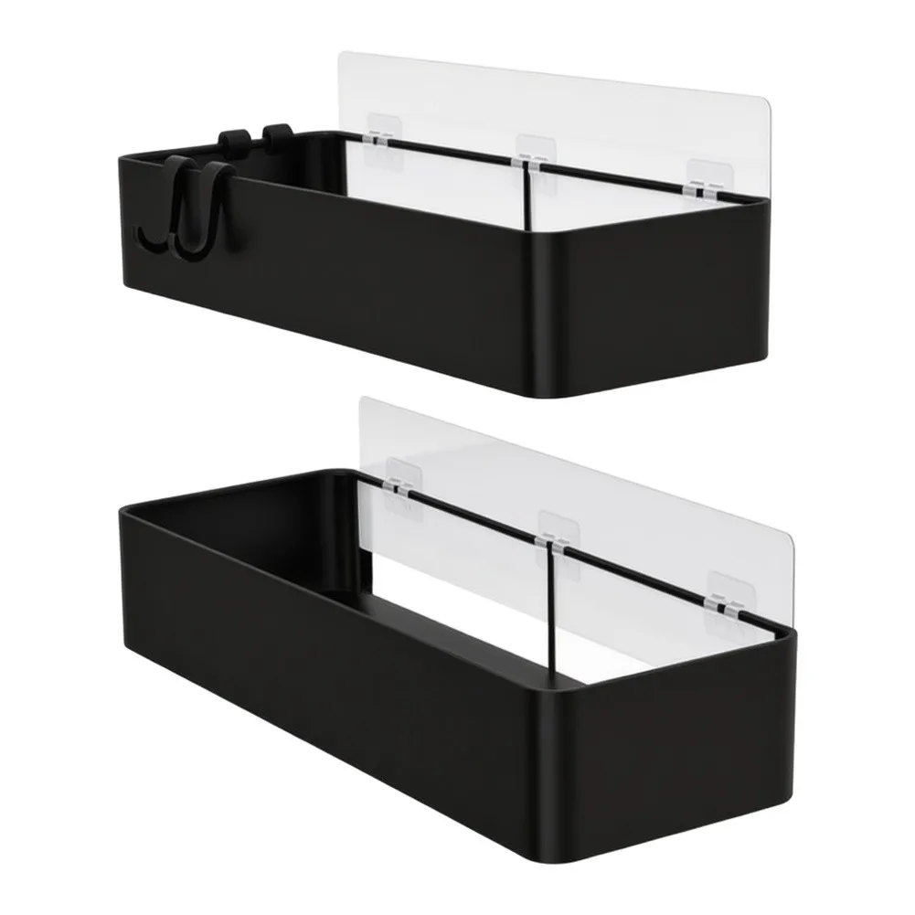 No Drill Shower Shelf Set Black Rustproof Iron Construction 30cm 32cm Two Piece Bathroom Storage with Raised Railing Design