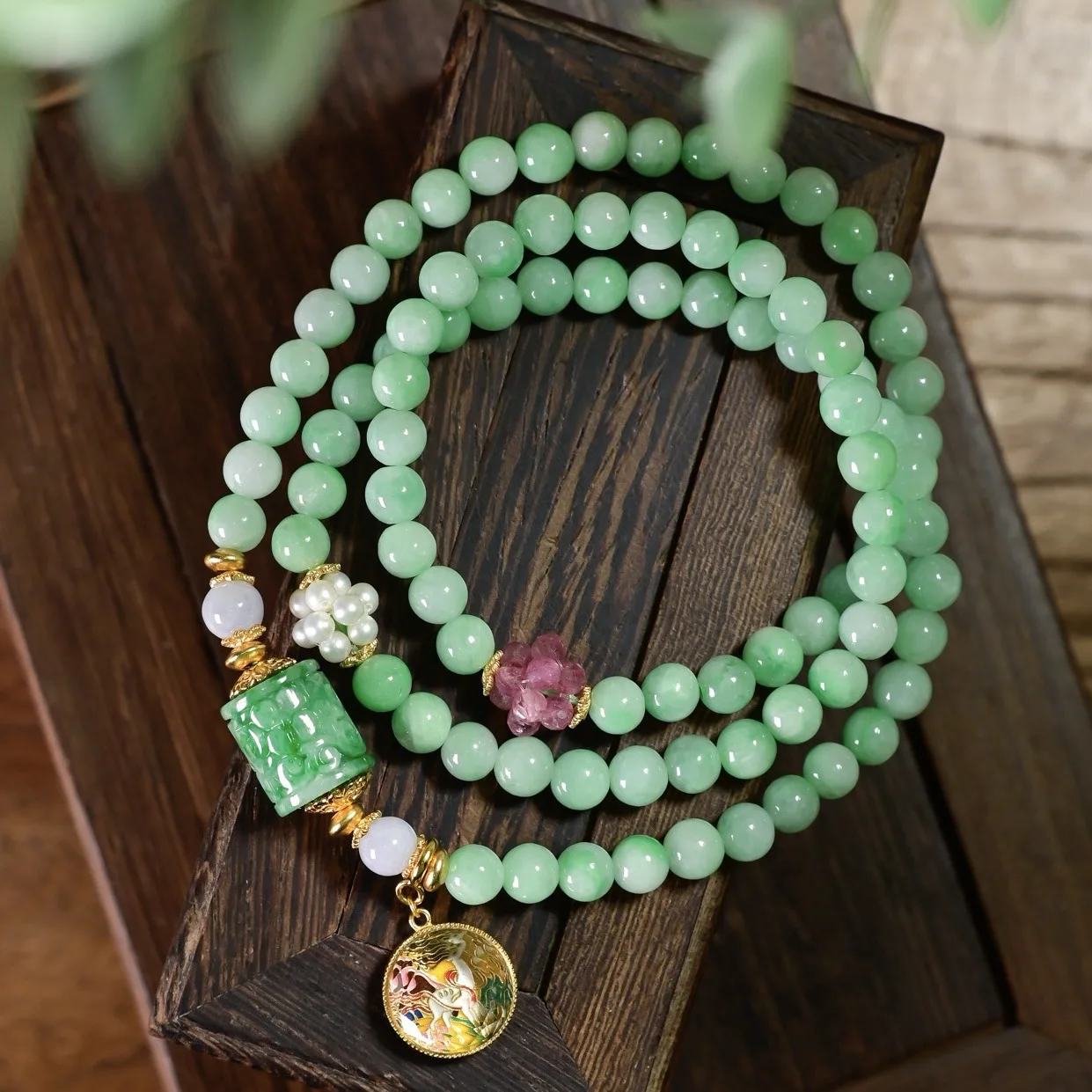 Natural Grade A Pea Green Jadeite Three Loop Bracelet Carved Jade Tourmaline Pearl Chinese Women Wrist Jewelry