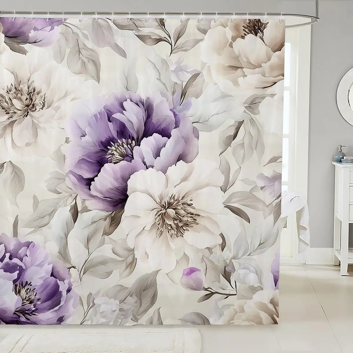 パープルベージュの花柄シャワーカーテン、庭の花柄バスルームカーテン、エレガントな花柄生地のシャワーカーテン、水彩画のバスルームカーテン