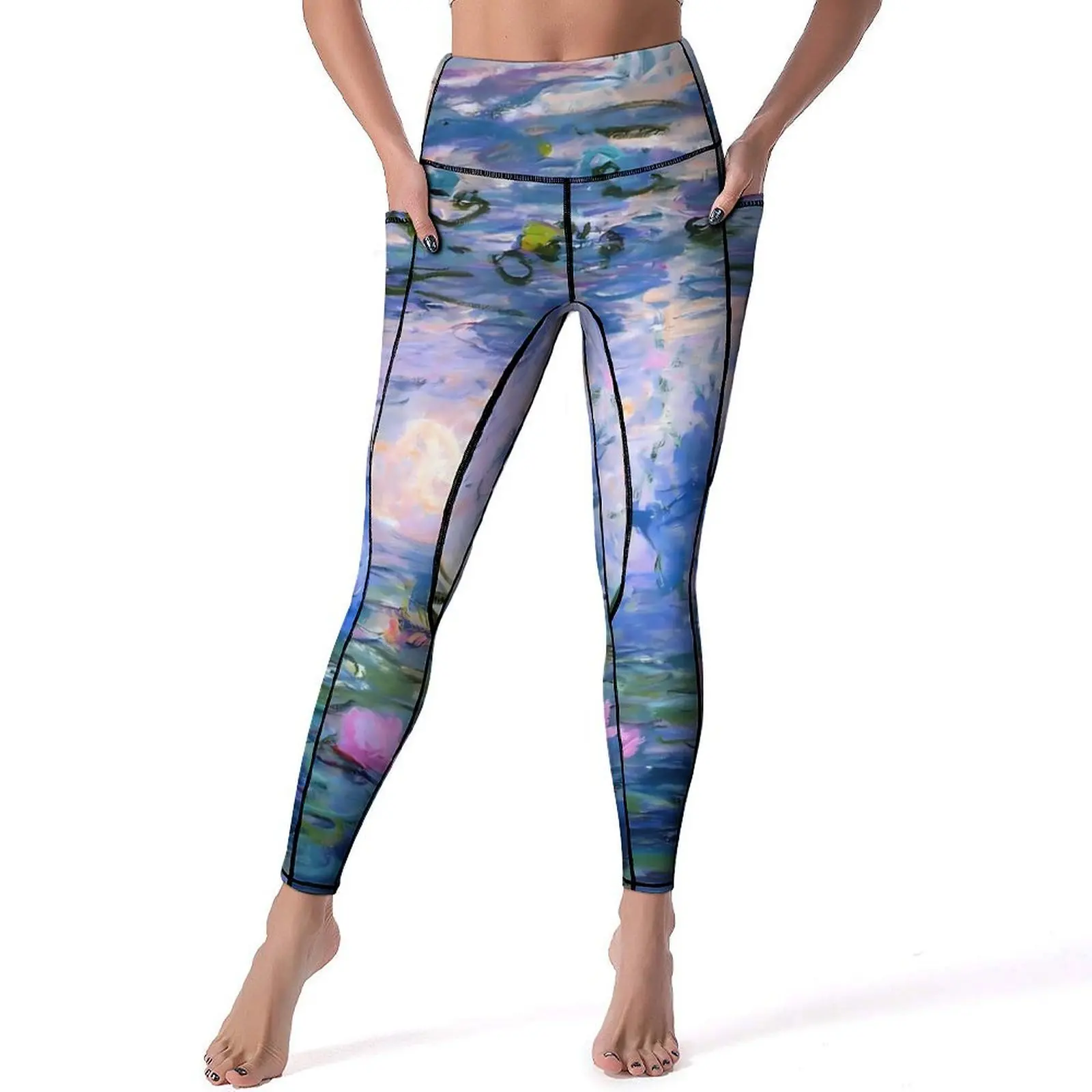 

Painting Print Yoga Pants Sexy Water Lilies Monet Graphic Leggings High Waist Gym Leggins Female Casual Elastic Sport Legging