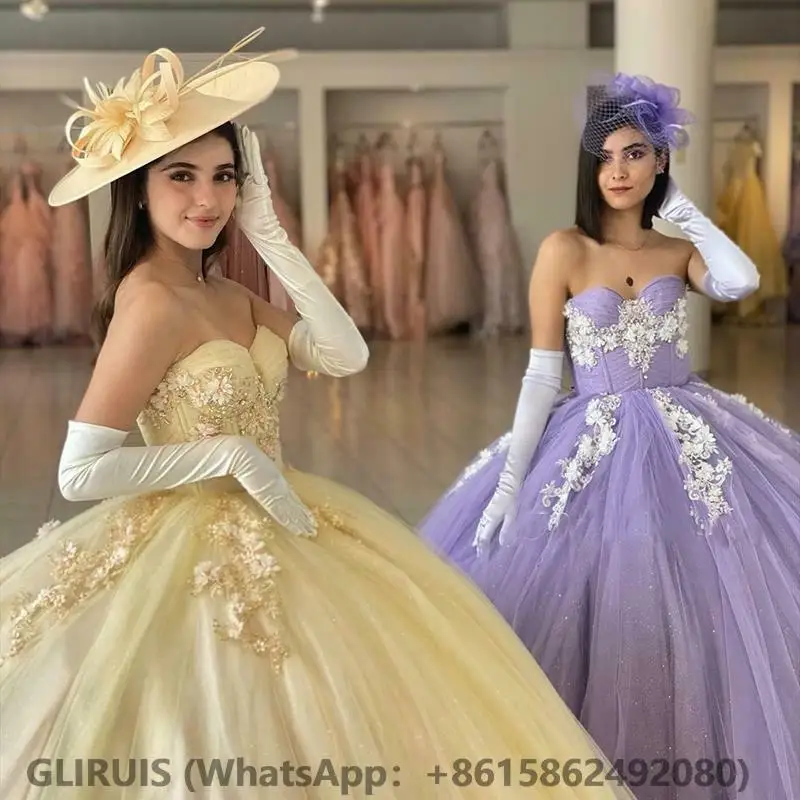 

Dramatic Champagne Quinceanera Prom dresses Sweetheart Tulle Lace Applique Pleat Ball Gown Party Sweet 16 Dress