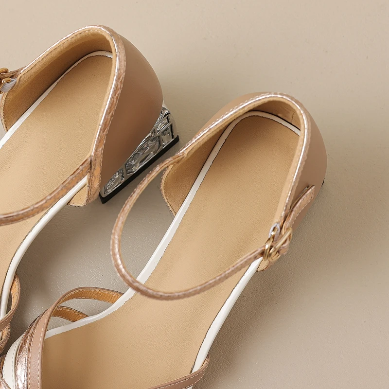 Women\'s New Spring/Summer Bag Heel Round Toe Genuine Cowhide Color Block Diamond High Heel Roman Sandals
