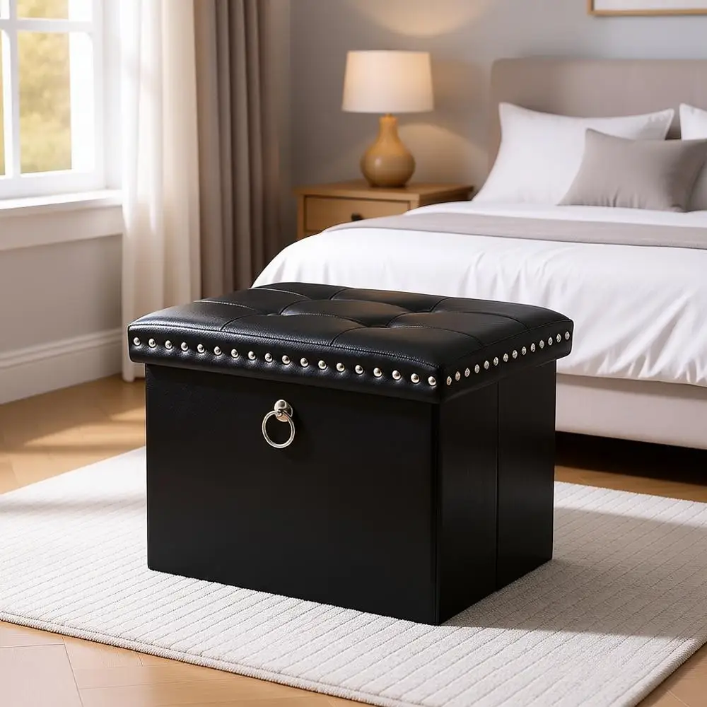 

Компактный кожаный пуфик для хранения вещей, 16x12x12 дюймов, табурет с заклепками и толстым мягким сиденьем, идеально подходит для использования под столом или в гостиной.