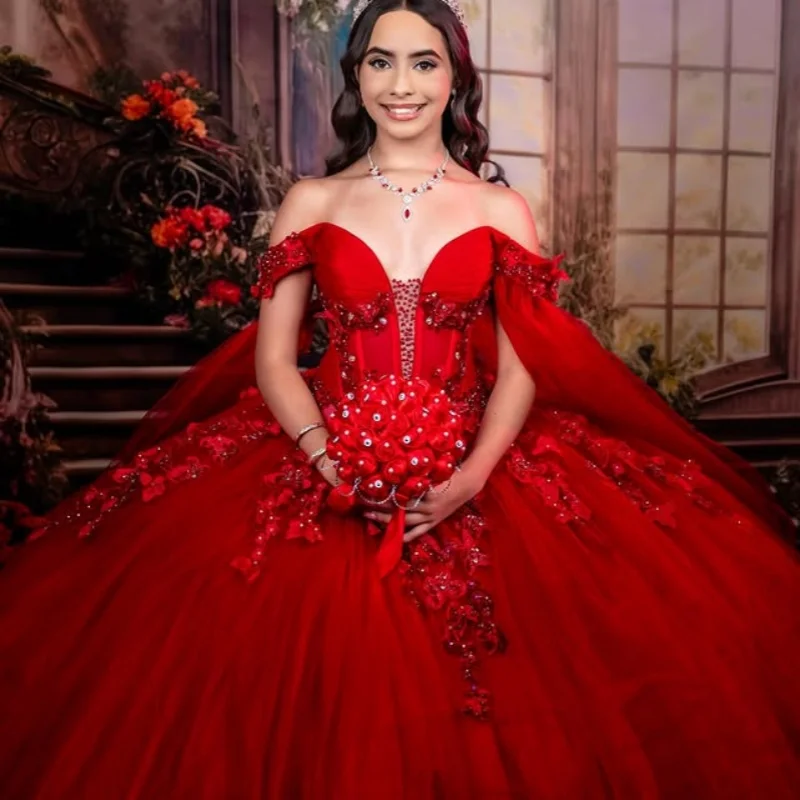 

Красное платье Quinceanera с открытыми плечами, кружевное многослойное блестящее платье с цветочной наклейкой, платья de 15, Quinceanera ﻿ Индивидуальный