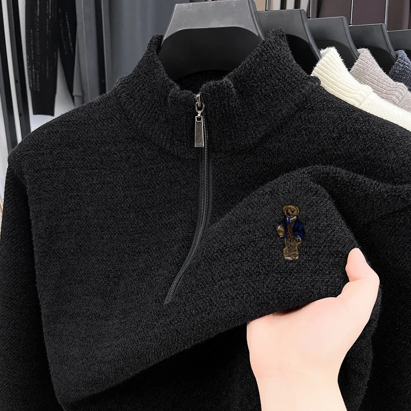 Hot Sale Quality Thicken Men's Sweater Zipper Bear Embroidery Warm Knitted Sweater Japan Winter Hoodies Fashion Soft Men's Wear