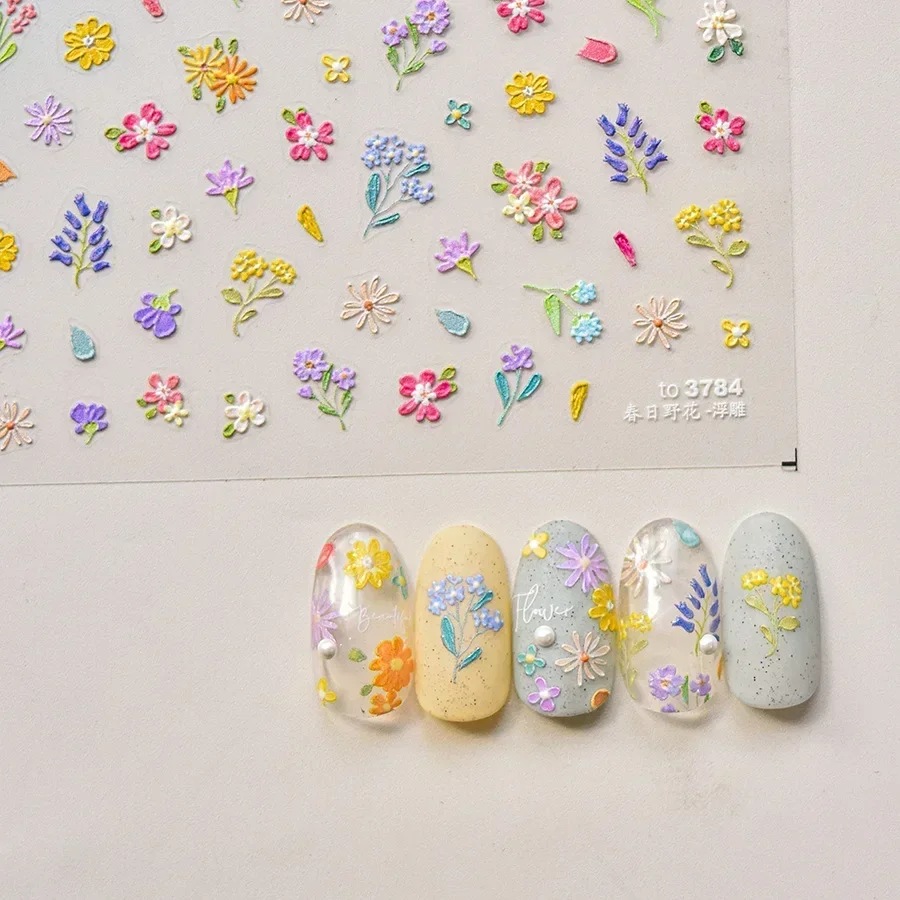 1pcs 5D Embossed Nail Stickers Colored Flowers Nail Art Stickers Spring Wildflowers Self Adhesive Transfer Manicure Decor Decals