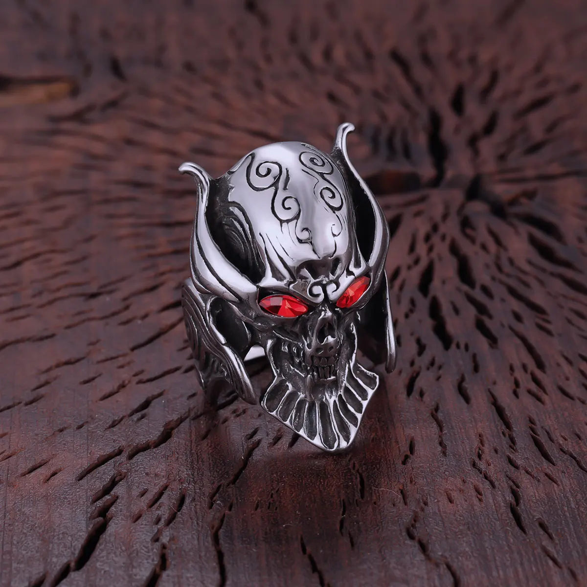 Stainless Steel Gothic Unique Design Alien Ring Men's Punk Hip Hop Large Mask Red Zircon Inlay Skull Finger Jewelry Party Gift