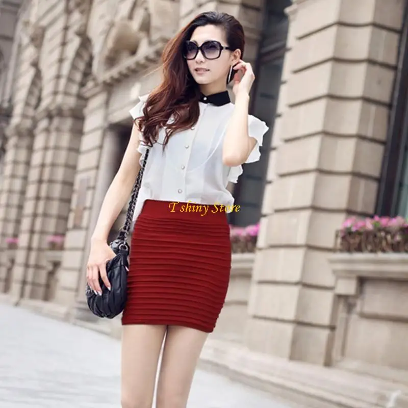 N58F Women's Summer Mini Knitted Skirt High Waist Pleated Candy Color Elastic Skirt