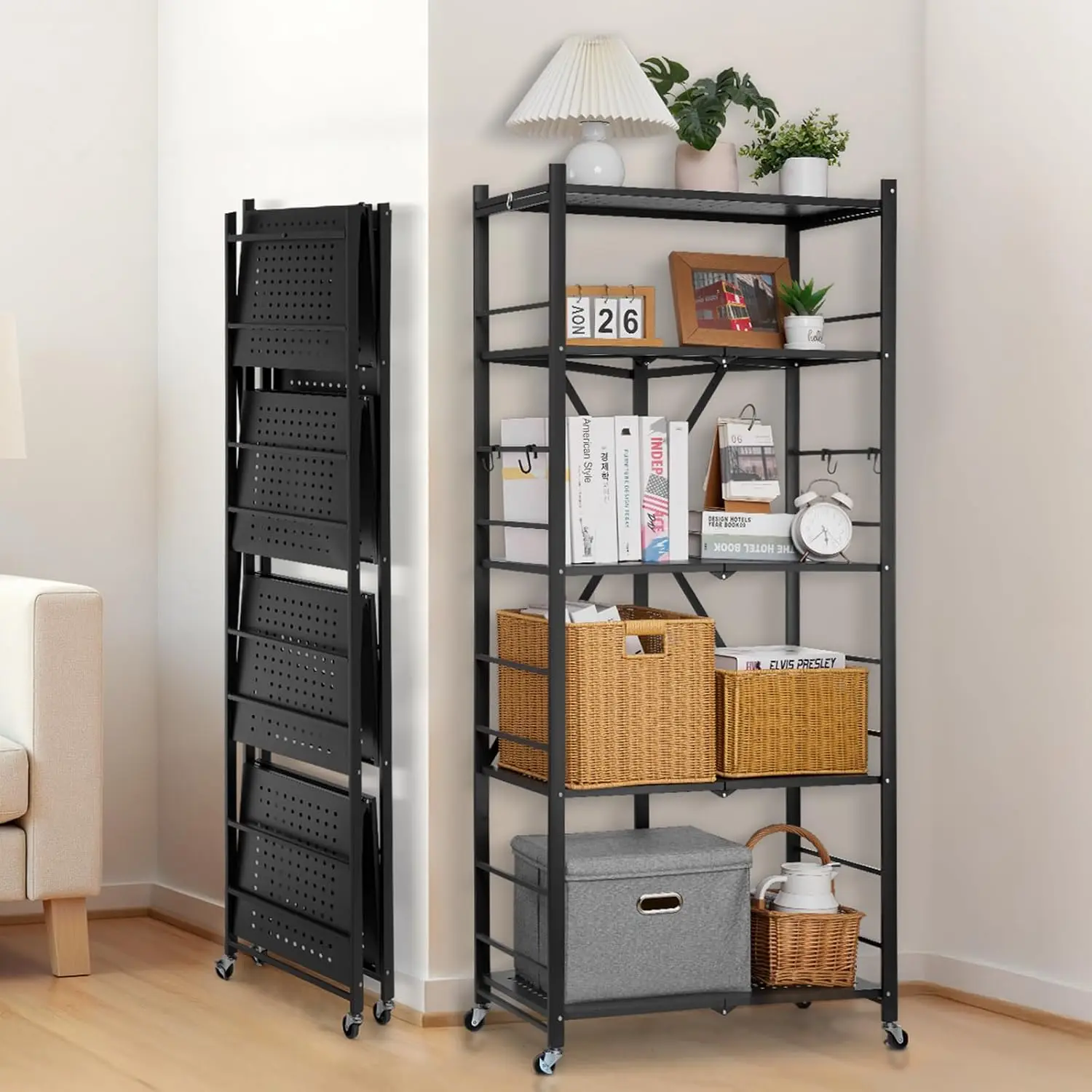 5-Tier Foldable Storage Shelf, 28W x 15D x 64H Inch Folding Metal Rack Shelving Unit, No Assembly Organizer Shelf with 5 Wheels
