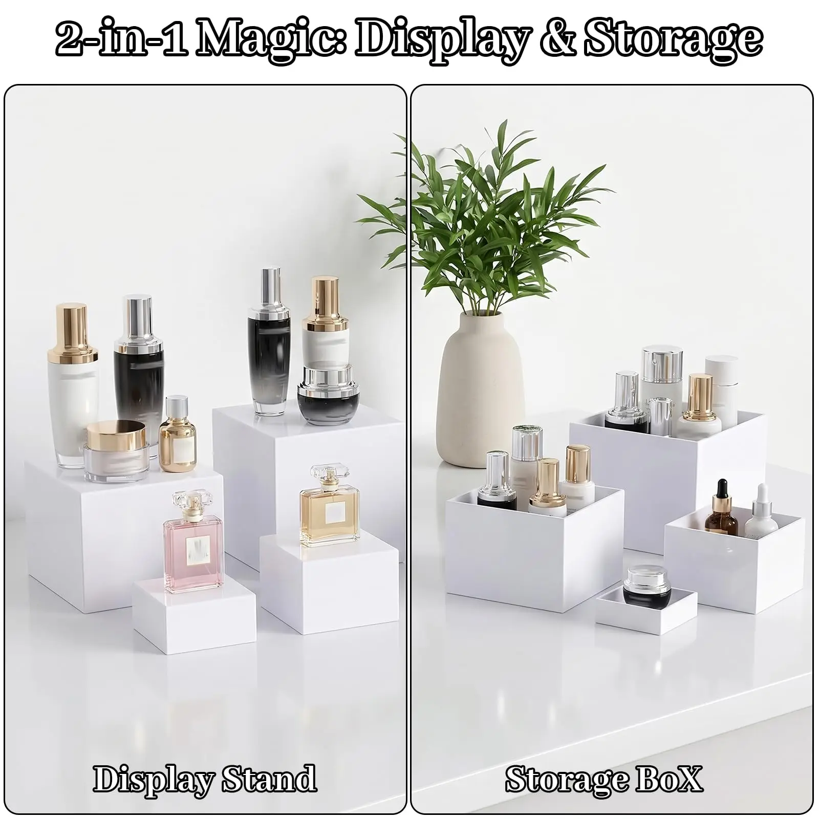 Acrylic Jewelry Display Risers Set of 6, White Nesting Cube Stands for Earrings Rings Necklaces, 6 Sizes 8 7 6 5 4 3 Inch