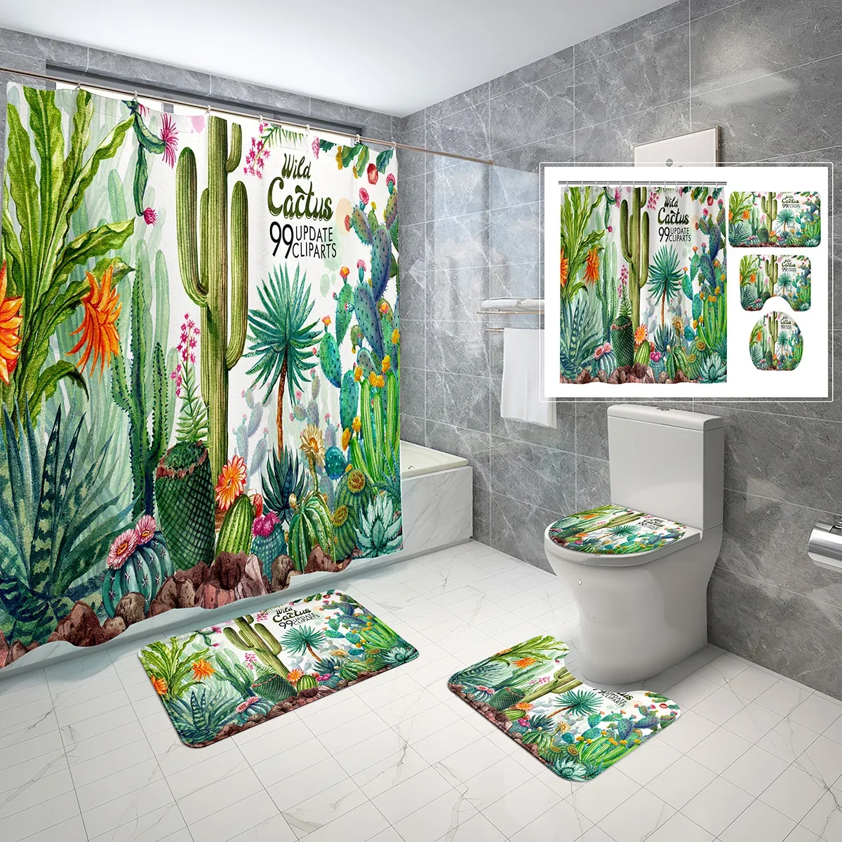 

Набор для ванной из 4 предметов: шторка для душа с кактусами, летний милый мультяшный дизайн, зеленый пустынный узор, с нескользящим ковриком и чехлом на крышку унитаза.