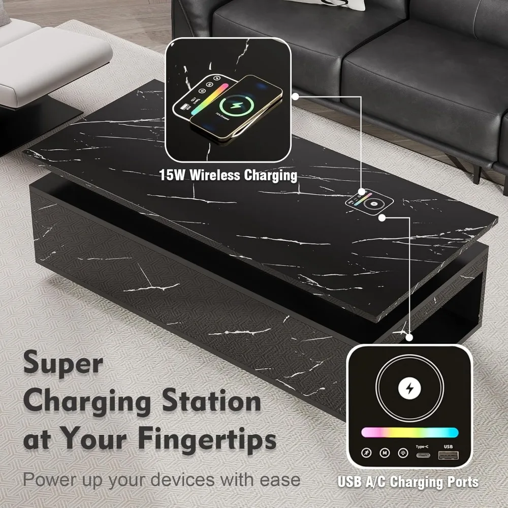 LED Coffee Table with Storage, Black Coffee Table with Wireless Charging and Speaker, High Glossy Modern Center Table with 24 Co