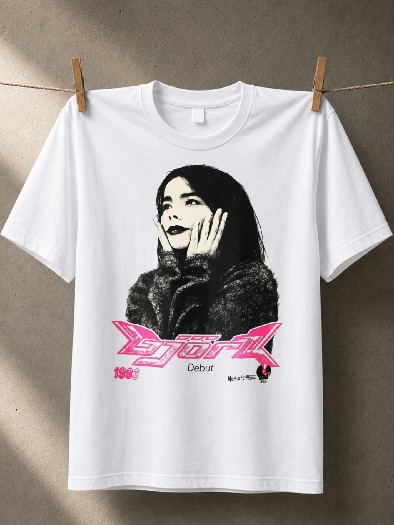 Bjork 1993 Debut Portrait and face art hot pink logo debut text and retro music archive mood Unisex  Unisex All T-Shirt