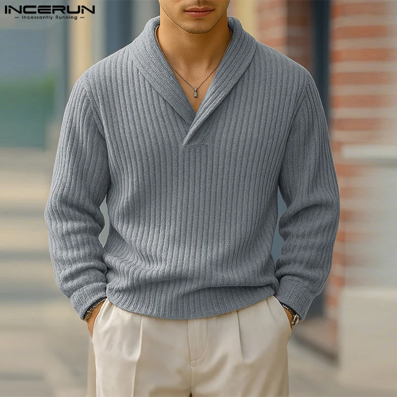 INCERUN, suéter para hombre, Color sólido, solapa tejida, manga larga, jerséis para hombre, ropa de calle de primavera y otoño, ropa informal de moda para hombre