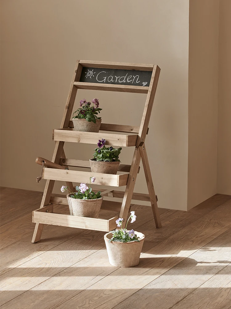 Multi story solid wood floor standing flower racks, balconies, wooden succulent shelves, folding outdoor gardens,