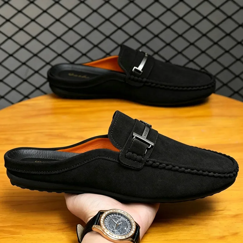 Leather Men Half Slippers Summer Breathable Mens Casual Shoes Slip-on Lazy Driving Shoes Comfortable Walking Loafers Moccasins