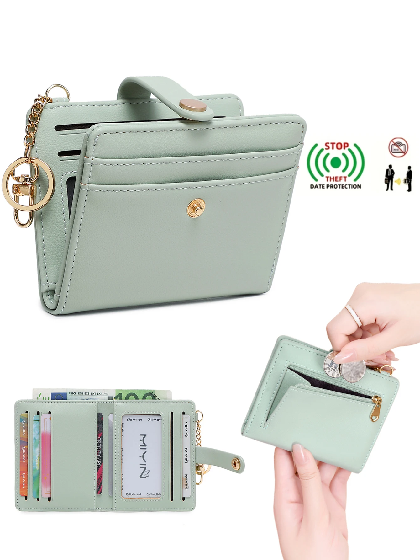 MIYIN Ultra-thin Women's Wallet RFID Shielded Bi-fold Credit Card/ID Card Holder Minimalist Short Zipper Coin Purse with Keychai